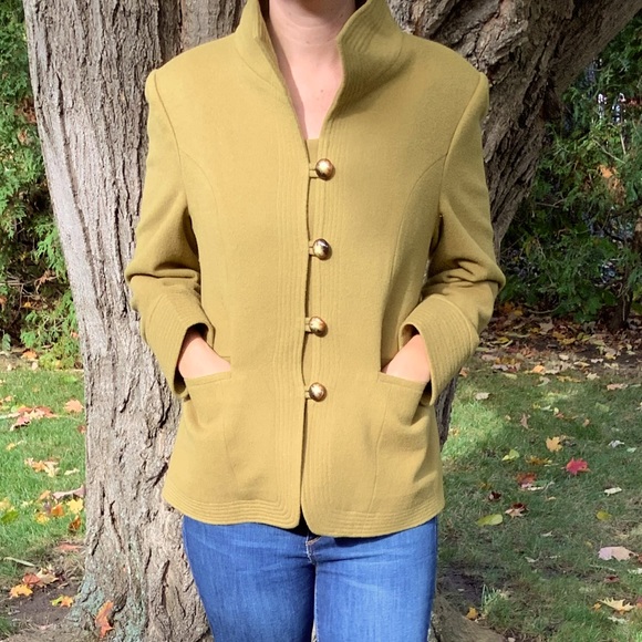 Olive green wool blend Fall coat - Picture 3 of 8